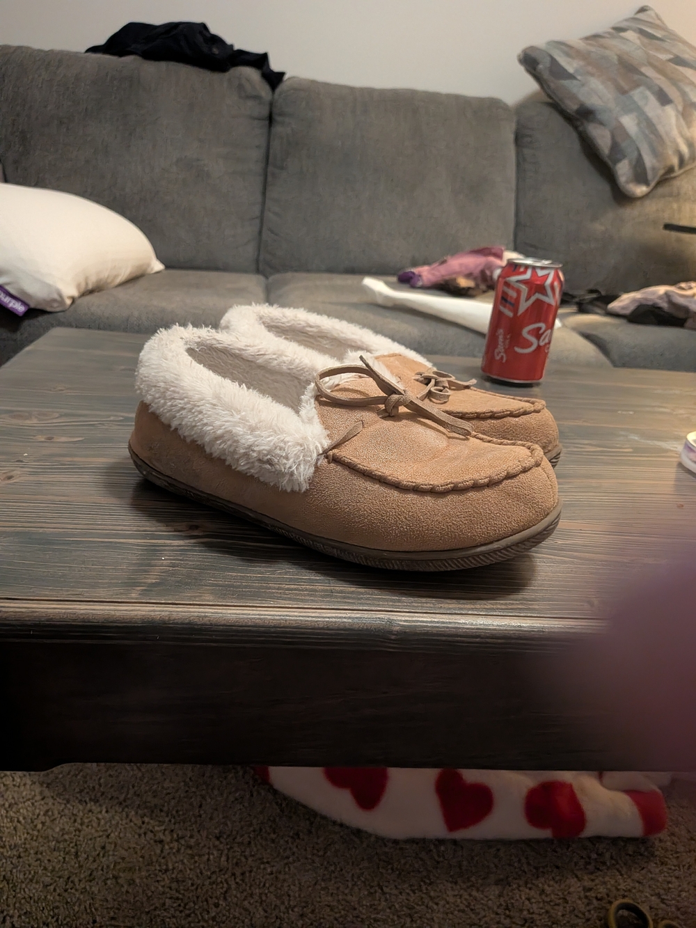 BearPaw Women's Tan Moccasin Slippers with White Faux Fur Trim